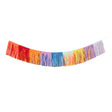 A colorful rainbow fringe tassel garland hanging against a plain white background.