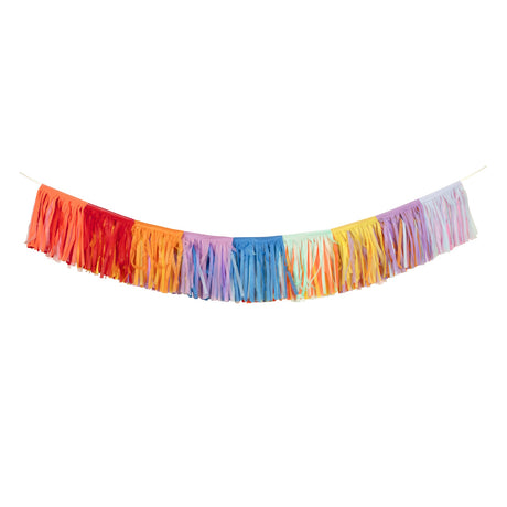 A colorful rainbow fringe tassel garland hanging against a plain white background.