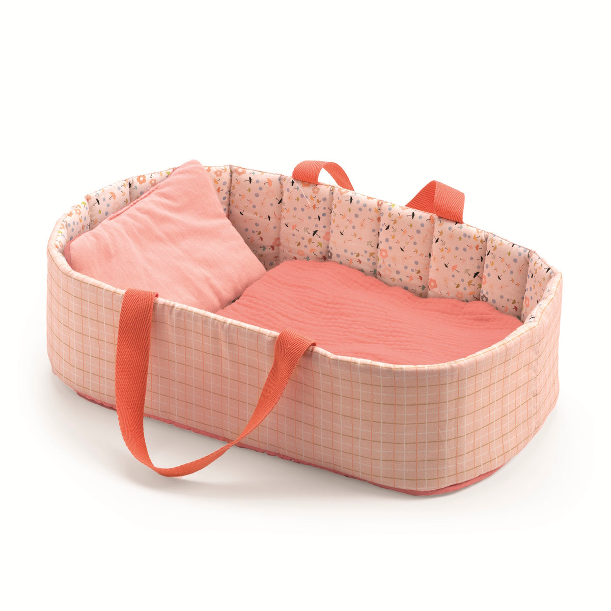 Pink fabric doll carrycot with pillow, blanket, and carrying handles for imaginative play.