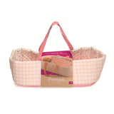 Djeco Pomea Collection Pink Lines Doll Bassinet with handles and floral quilted interior for ages 18m+.