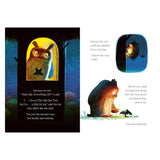 Illustrated children's book page showing an owl and a bat talking in the dark.