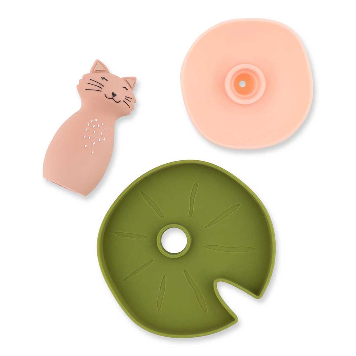 Floating flower and Mrs. Cat bath toy parts.