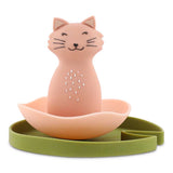 Pink Mrs. Cat floating flower bath toy for babies on a green lily pad base.