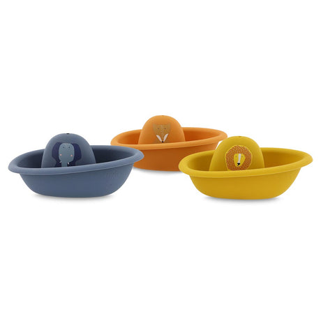 Three plastic toy bath boats in blue, orange, and yellow, each featuring a different animal illustration.