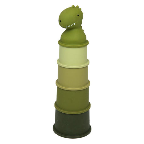 Green dinosaur bath toy stacking cups for toddlers in graduated shades of olive and sage.