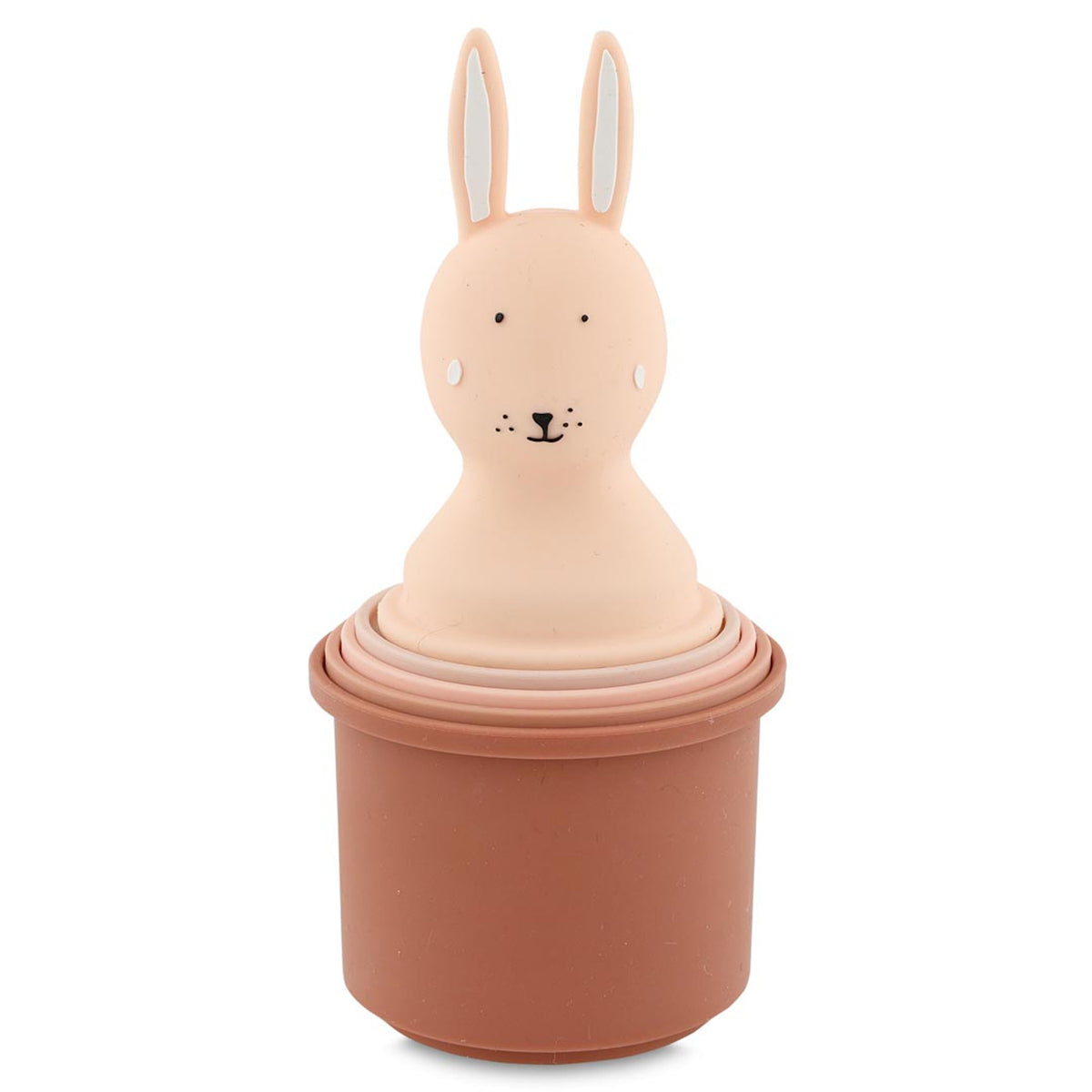 A set of pink nesting cups topped with a cute rabbit head. The rabbit has long ears, dotted eyes, and a small smile, creating a playful tone.