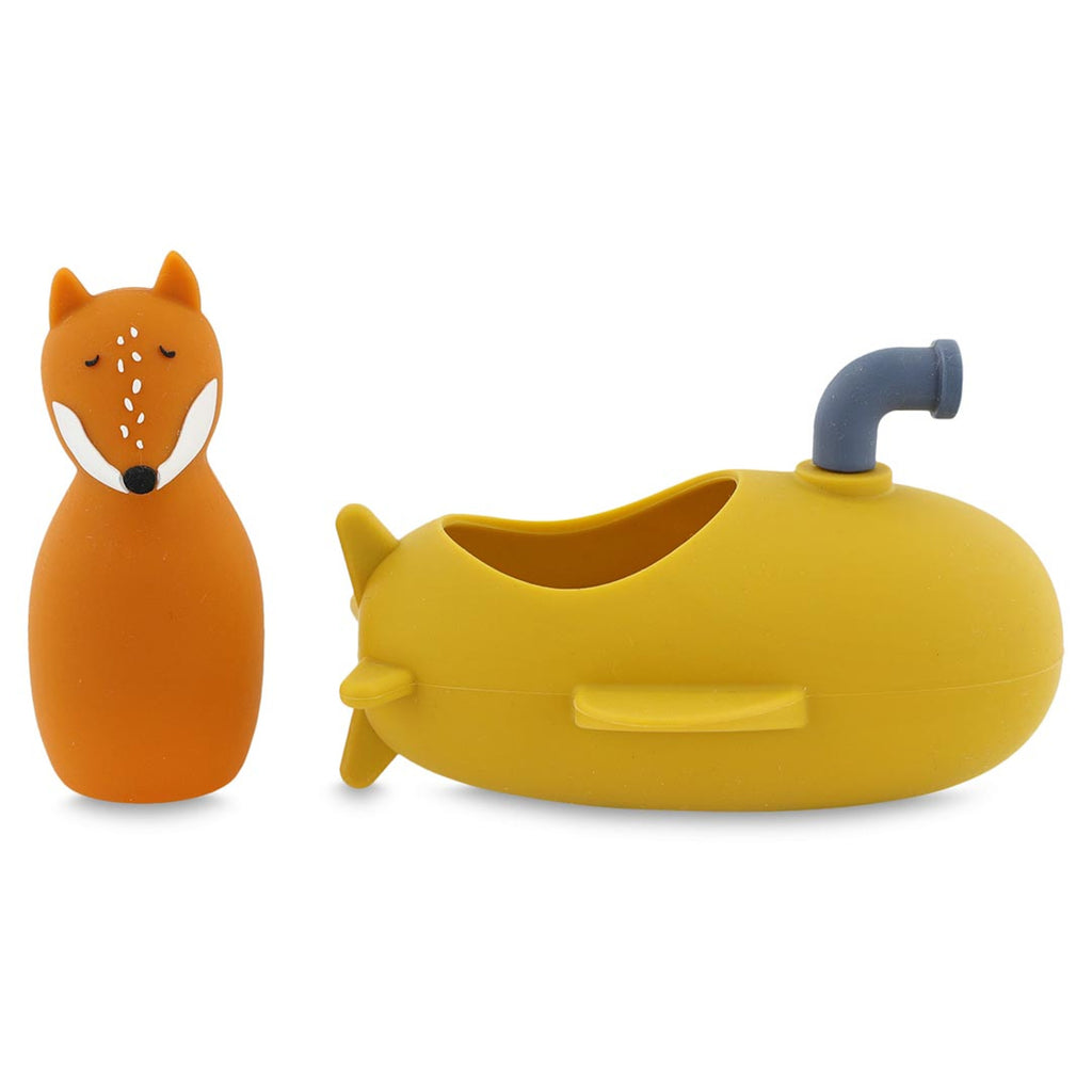 Toy set featuring a small, orange fox figure with closed eyes beside a yellow submarine with a grey periscope. Playful and whimsical design.