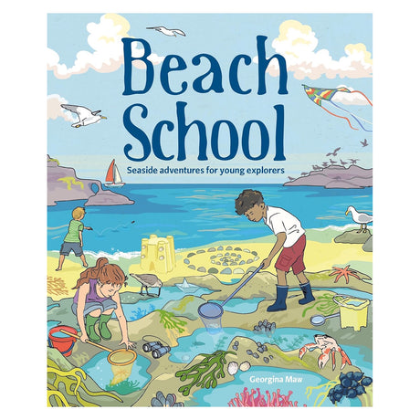 Book cover titled "Beach School" showing children exploring tide pools, sandcastles, and wildlife on a beach.