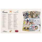 Book table of contents page featuring beach activities text alongside photo collage of kids exploring outdoors.