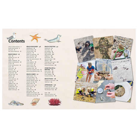 Book table of contents page featuring beach activities text alongside photo collage of kids exploring outdoors.