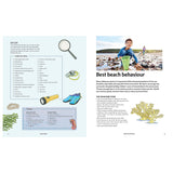 Book spread featuring a kit list with supply illustrations and a section titled "Best beach behaviour."