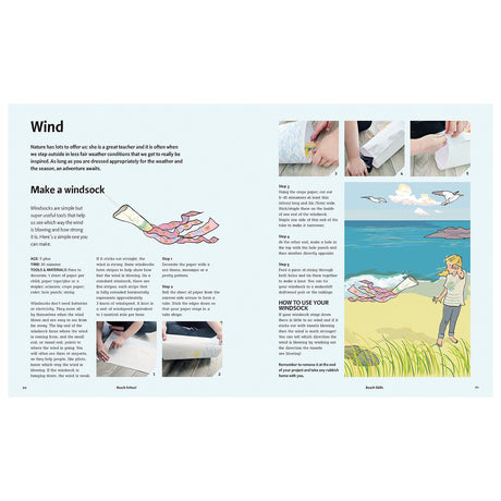 Open book spread with instructions and illustrations on how to make and use a DIY windsock at the beach.