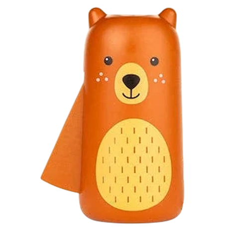 Orange bear-shaped hand-squeeze flashlight with a yellow snout and belly.