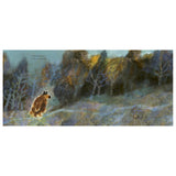 Children's book spread showing a small brown bear walking alone through a dark, painterly forest.