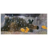 Children's book illustration of a brown bear lying in the rain while a small yellow squirrel runs past.