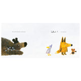 Children's book page showing a bear looking at a duck, fox, and mouse lined up, asking about a cookie line.