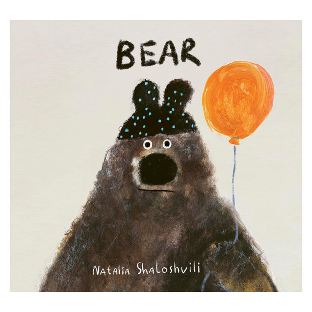 A simple illustration of a brown bear wearing a polka dot hat, holding an orange balloon, with the text "BEAR" above.