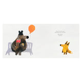Illustration of a bear on a bench with a balloon and book, as a fox approaches and asks to sit.