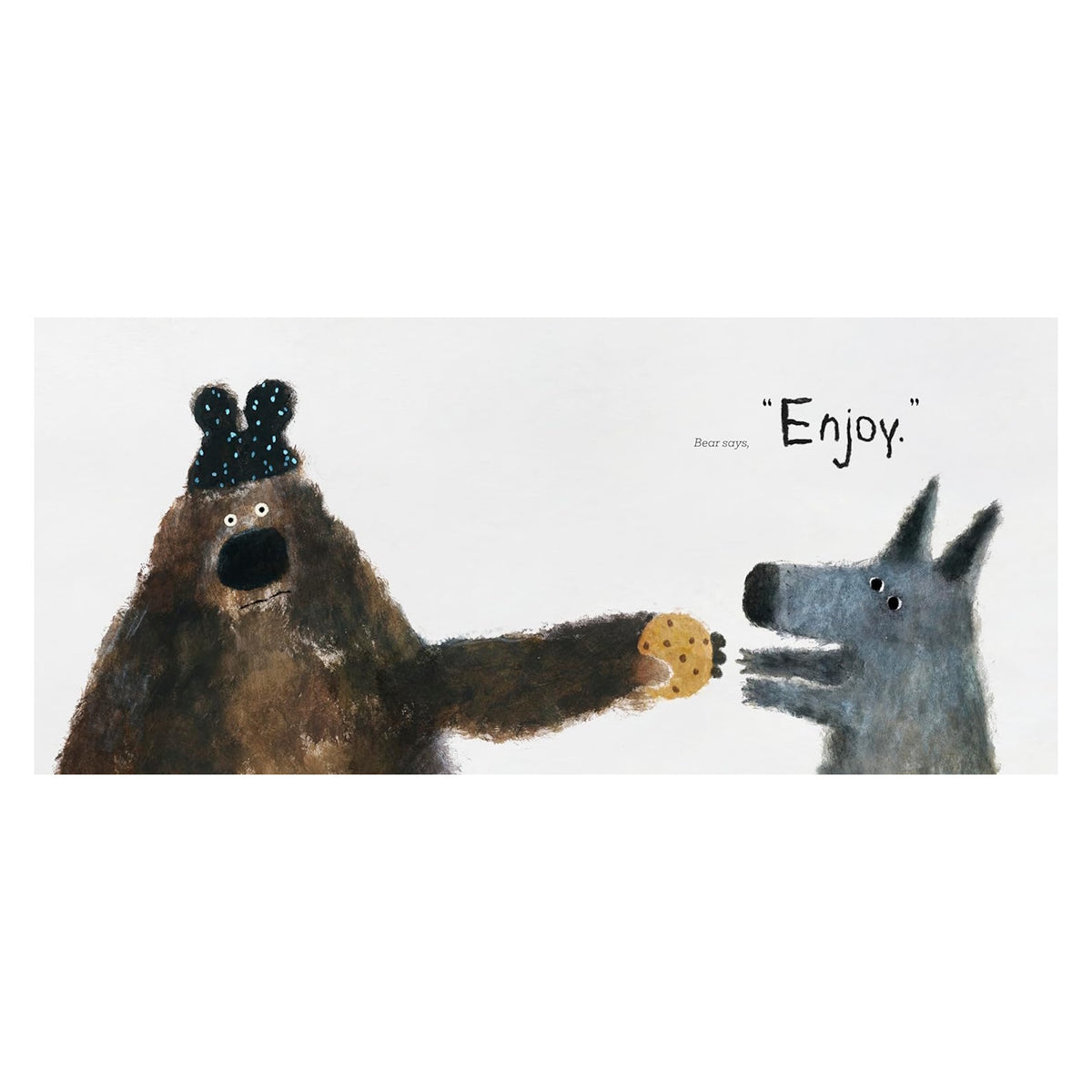 Illustration of a bear in a party hat handing a chocolate chip cookie to a wolf with the text "Bear says, 'Enjoy.'"