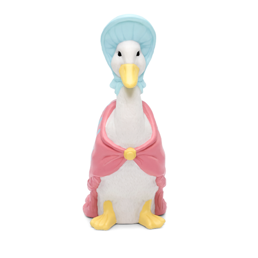 A whimsical duck figurine dressed in a pink cape and a light blue bonnet in a white background.