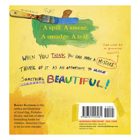 Colorful book cover with a playful, creative tone. Text reads, "A spill. A smear. A smudge. A tear." Encouraging message: mistakes can become something beautiful.