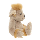 Side view profile of a sitting beige plush creature toy featuring fluffy yellow hair and floppy ears.