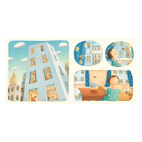 Children's book illustration of a tall city building and a girl surprised by a bee entering her bedroom window.