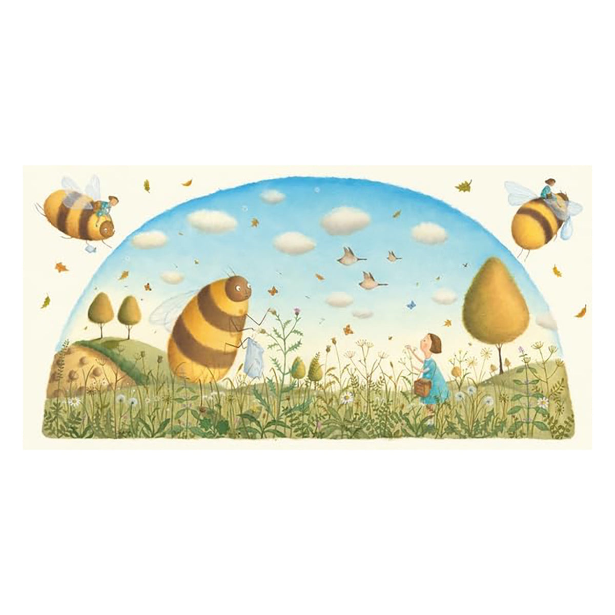 Whimsical illustration of a girl in a flower meadow with giant bumblebees and tiny people flying under a blue sky.