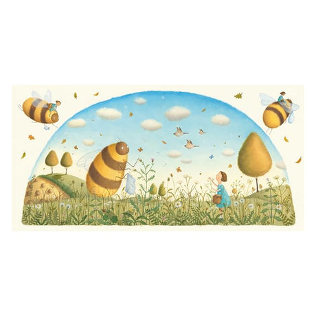 Whimsical illustration of a girl in a flower meadow with giant bumblebees and tiny people flying under a blue sky.