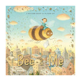 Bee & Me children's book cover showing a girl riding a giant bumblebee over a whimsical city skyline.