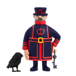 A cartoon figurine of a Beefeater in a blue and red uniform with a crown emblem, holding a large key, stands next to a black raven. The background is white.