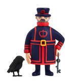 A cartoon figurine of a Beefeater in a blue and red uniform with a crown emblem, holding a large key, stands next to a black raven. The background is white.