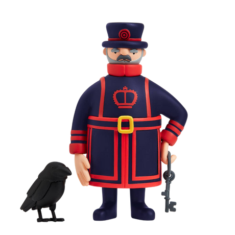 A cartoon figurine of a Beefeater in a blue and red uniform with a crown emblem, holding a large key, stands next to a black raven. The background is white.