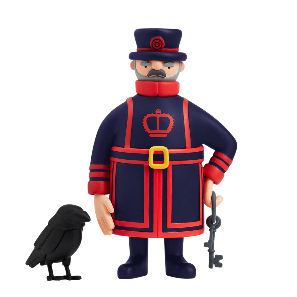 A cartoon figurine of a Beefeater in a blue and red uniform with a crown emblem, holding a large key, stands next to a black raven. The background is white.