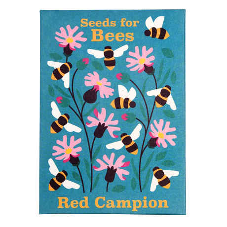 Seed packet illustration for Red Campion flowers featuring pink blossoms and bumblebees on a teal background.