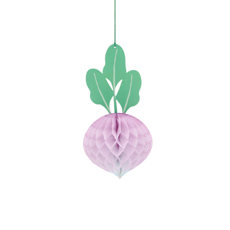 Hanging purple honeycomb paper beet decoration with green leaves, ideal for garden party or vegetable-themed events.