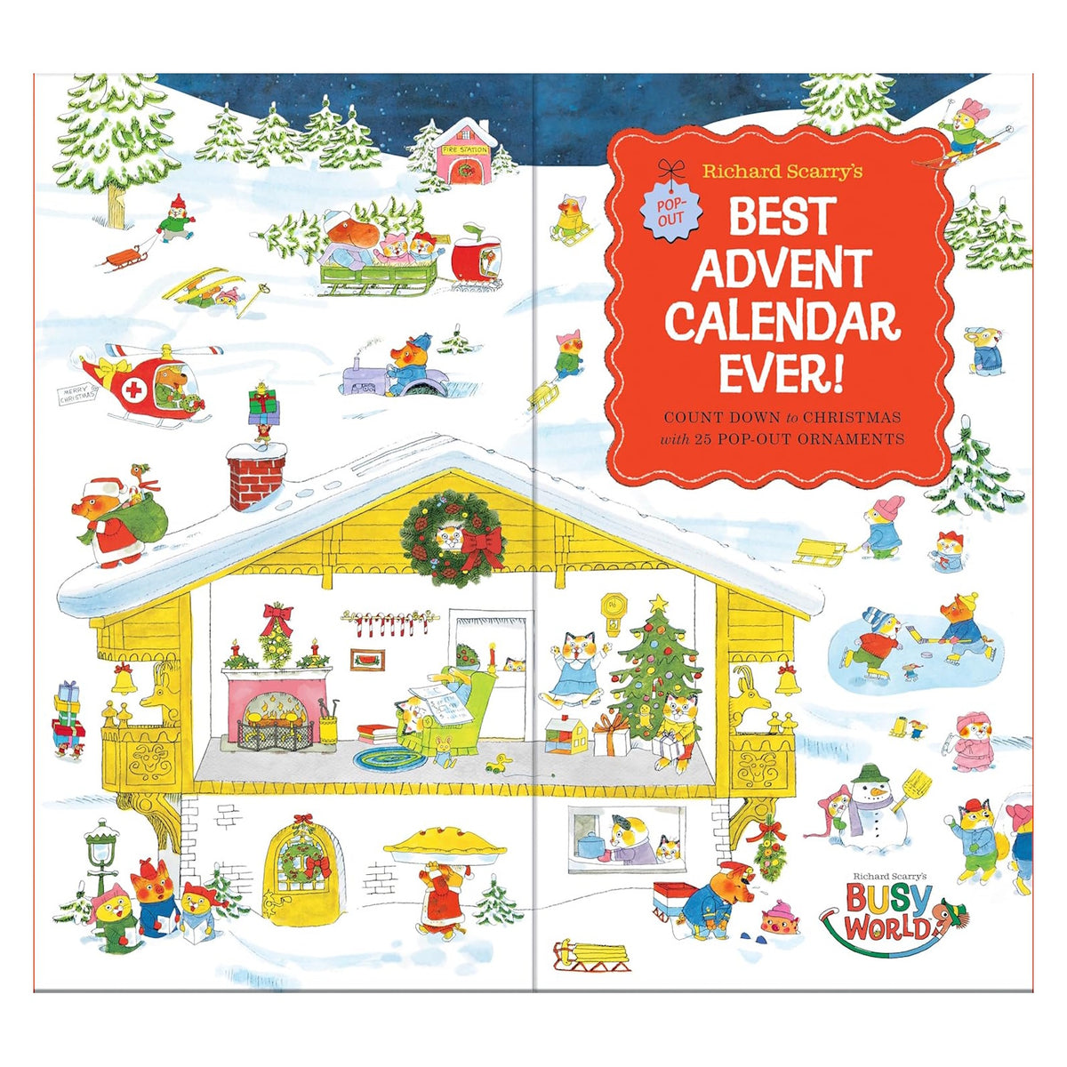 Richard Scarry's Best Advent Calendar Ever book cover showing a festive winter scene, front view.