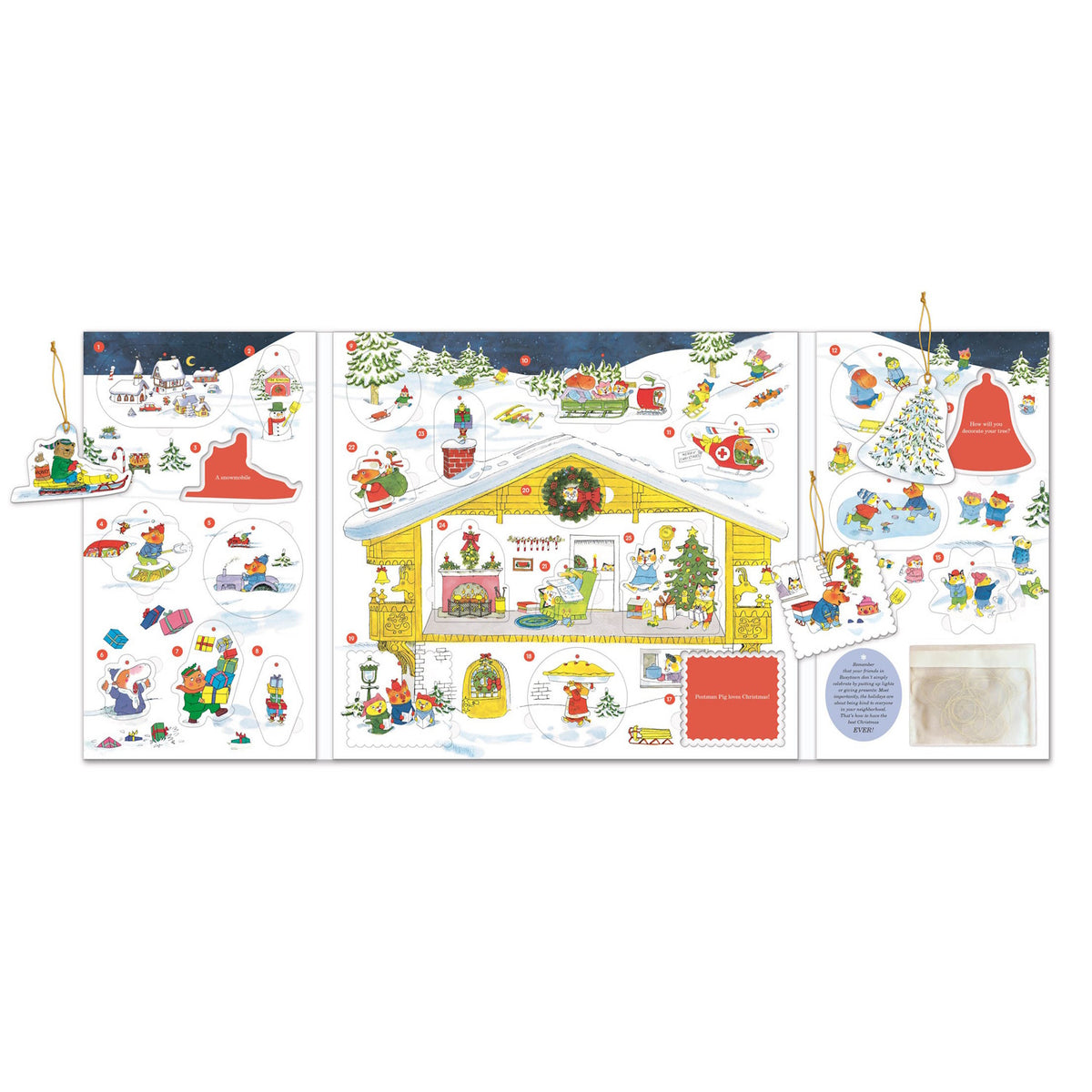 Richard Scarry's Best Advent Calendar Ever open spread with hanging ornaments, front flat lay view.
