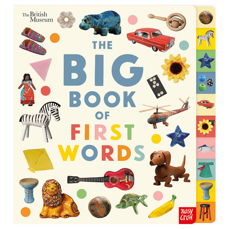 The Big Book of First Words British Museum cover featuring a toy hippo, red car, zebra, and dog on a cream background.