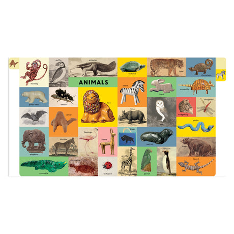 Children's book page titled "ANIMALS" featuring a colorful grid of animal figurines, illustrations, and names.