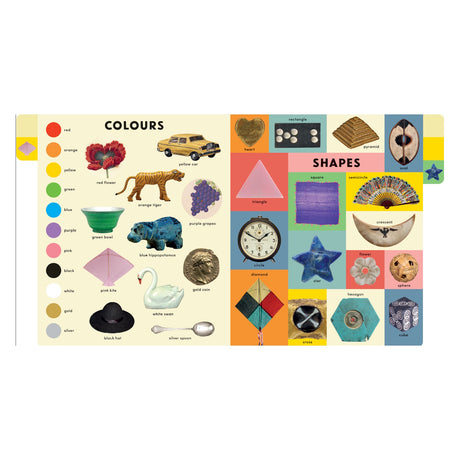 Children's book pages featuring "Colours" and "Shapes" with labeled vintage illustrations and geometric objects.