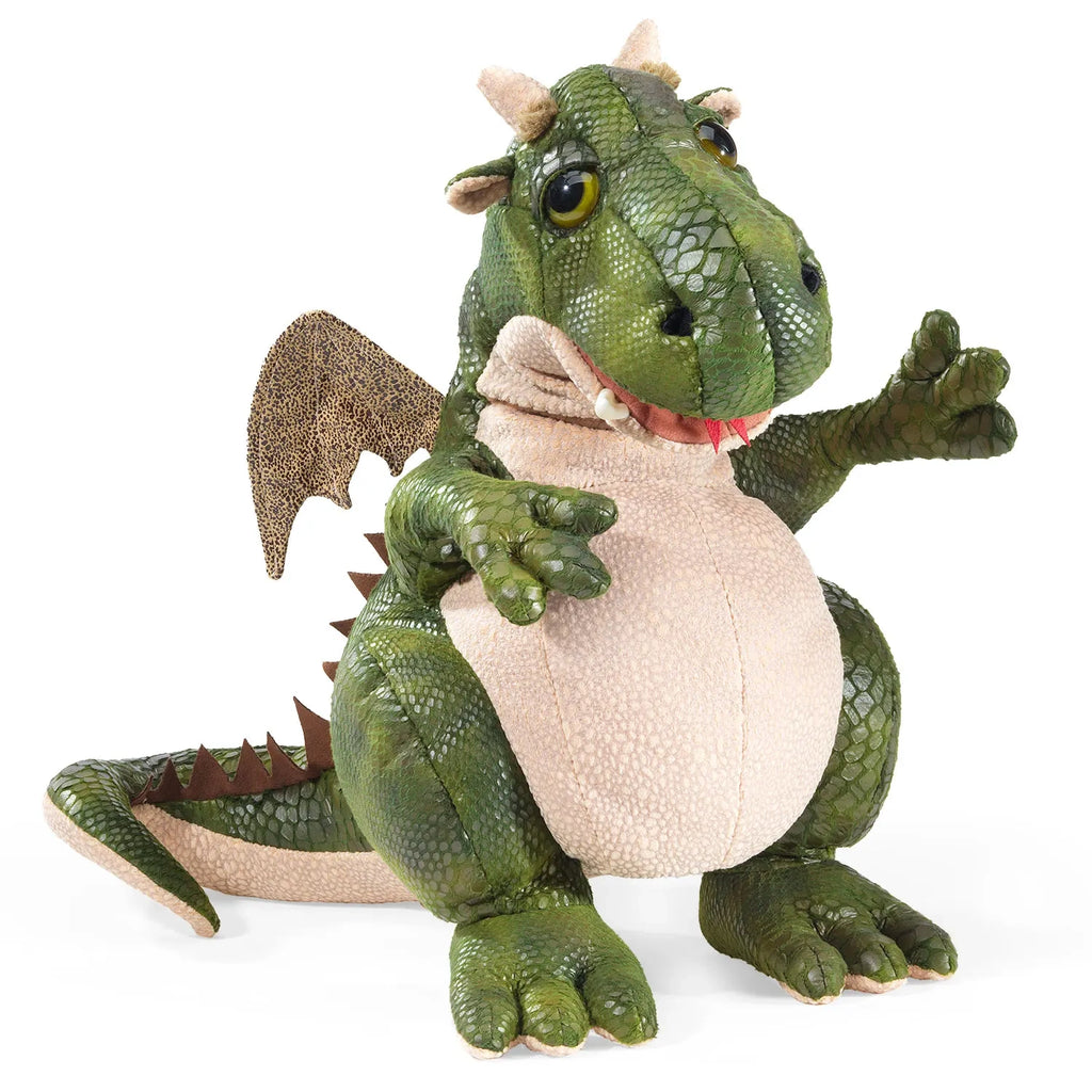 A cute green dragon plush toy with textured skin, small horns, and outstretched wings. It has a friendly expression, inviting hug-like gesture.
