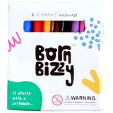 Front of a Born Bizzy marker box with a window showing 9 vibrant colors and a choking hazard warning for under 3.
