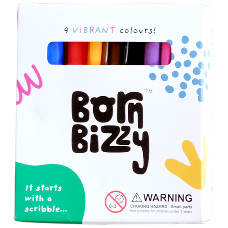 Front of a Born Bizzy marker box with a window showing 9 vibrant colors and a choking hazard warning for under 3.