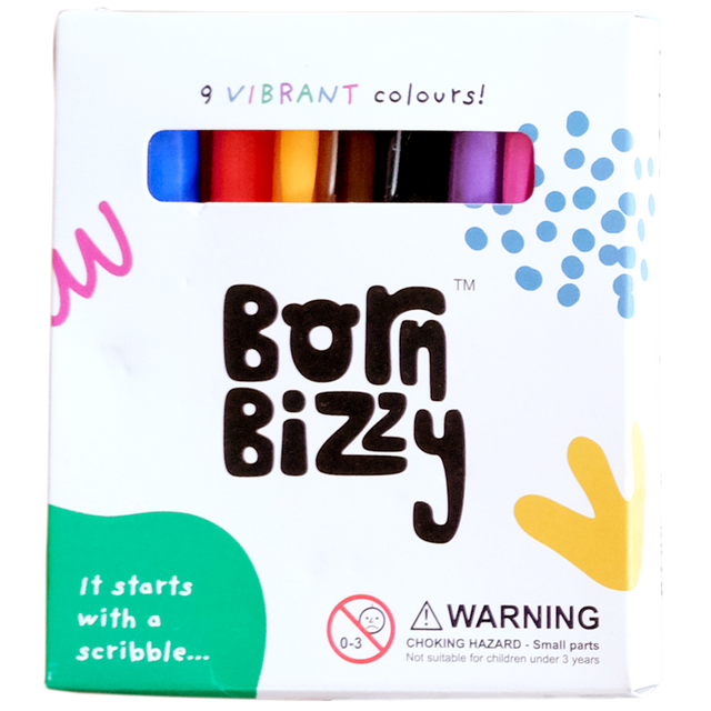 Front of a Born Bizzy marker box with a window showing 9 vibrant colors and a choking hazard warning for under 3.