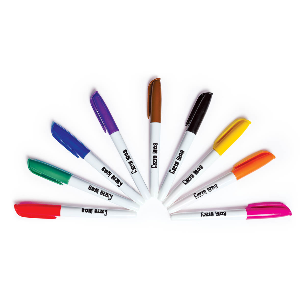 Nine markers with white barrels and colorful caps arranged in a fan shape against a white background.