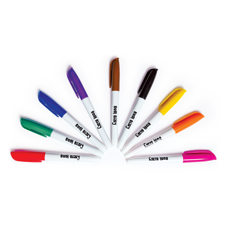 Nine markers with white barrels and colorful caps arranged in a fan shape against a white background.