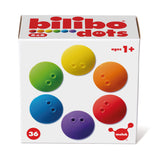 Bilibo Dots packaging by Moluk, featuring 36 colorful toy disks for ages 1+. Rainbow sorting set in a white gift box.
