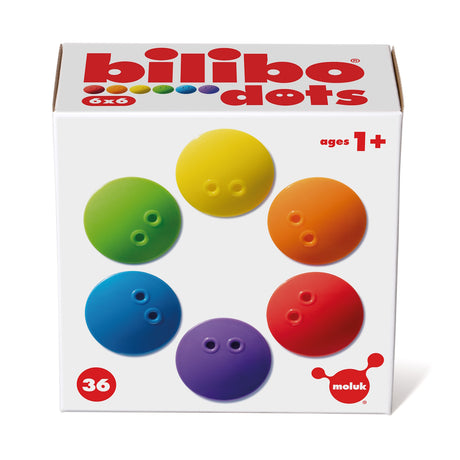 Bilibo Dots packaging by Moluk, featuring 36 colorful toy disks for ages 1+. Rainbow sorting set in a white gift box.