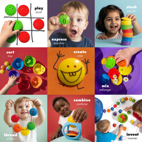 A collage of children playing with colorful Bilibo Game Beads. Scenes show sorting, stacking, threading, and creative play.